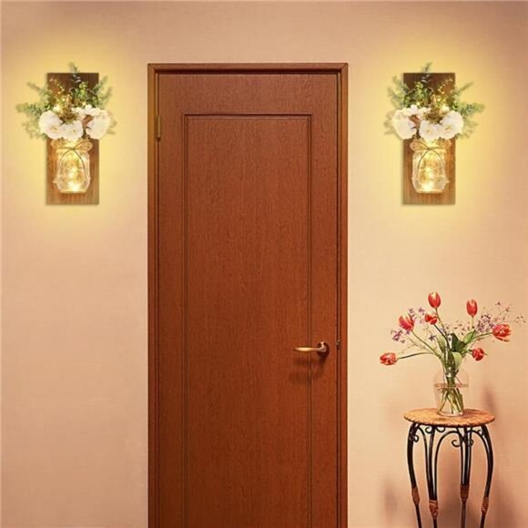 Mason Jar Wall Sconce Set of 2 LED Fairy Lights Rustic Farmhouse Wall Decor - Picture 6 of 7